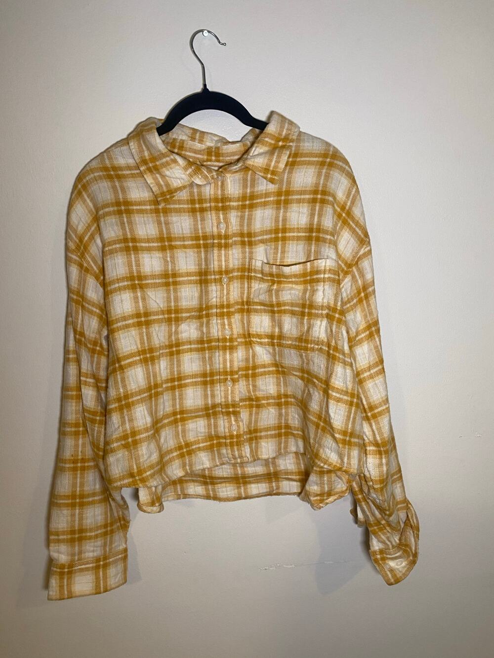 American Eagle Cropped Flannel Button Up Front Shirt Yellow Plaid Sz L